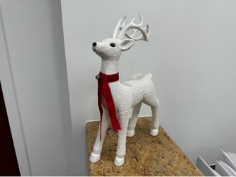 White Decorative Christmas Reindeer Figurine with Red Ribbon – Holiday Table Decor