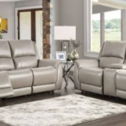 Brand New Top Grain Leather Grey Power Reclining Sofa & Loveseat