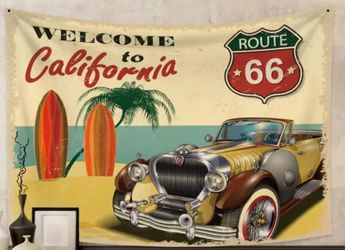 Retro California Surf & Route 66 Classic Car Beach Wall Tapestry 37"× 28"