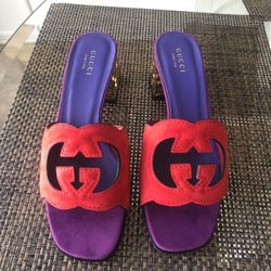 Gucci Red Purple Gold Suede Mule Heels Size 38