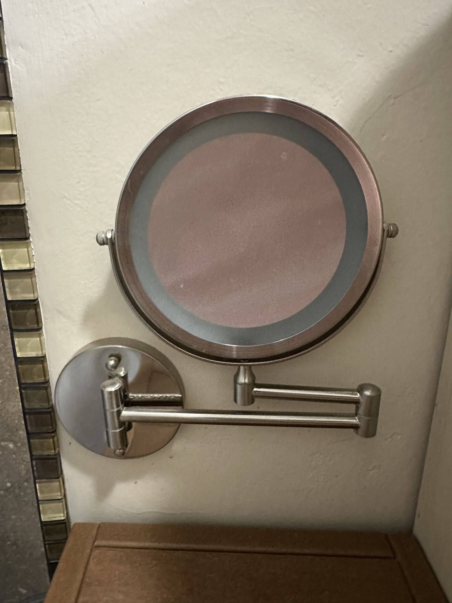 Wall-Mounted Lighted Makeup Mirror - Brushed Nickel Finish