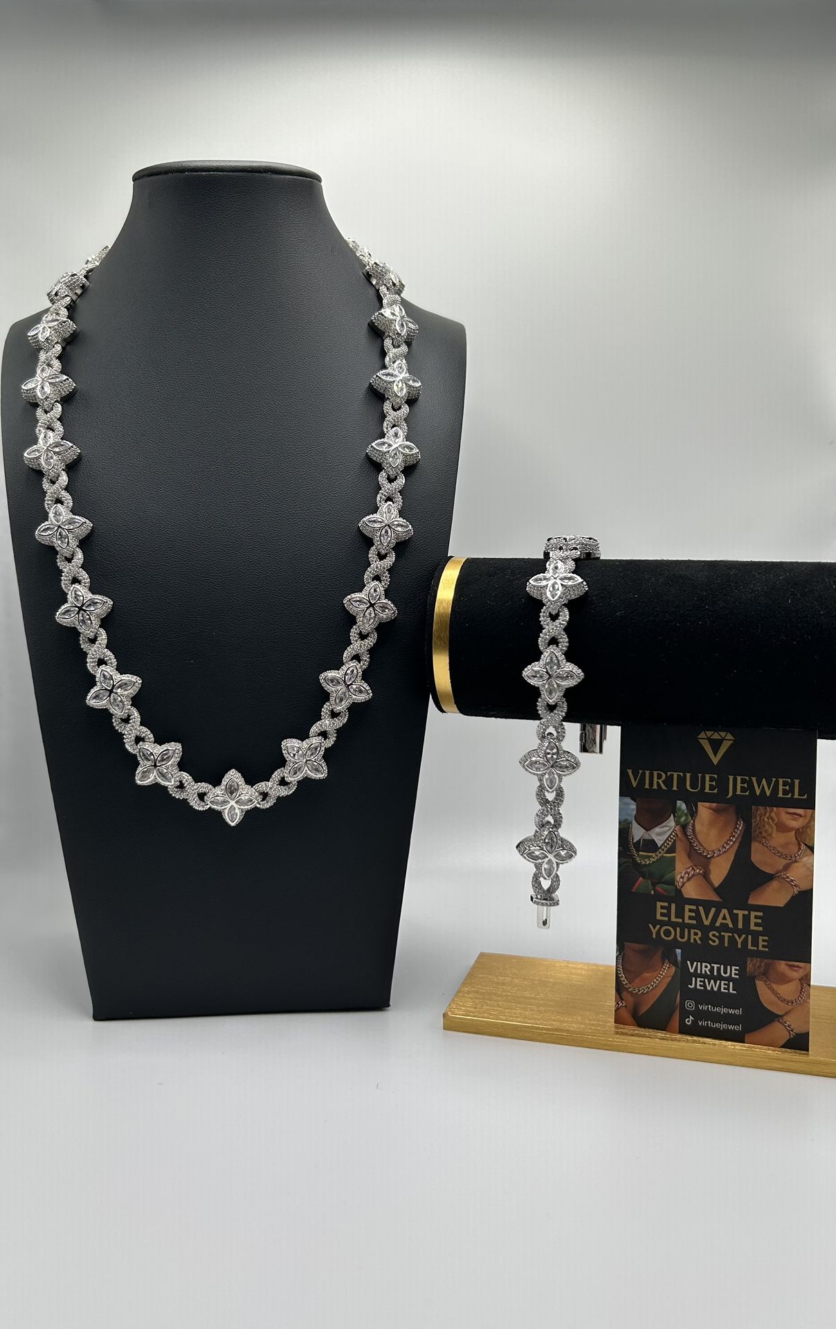 Flower 4 Leaf Clover Iced Out Premium Quality Chains & Bracelet Silver 