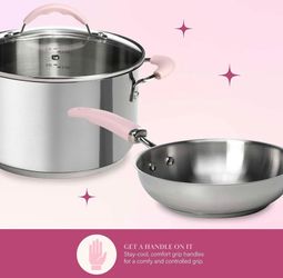 Paris Hilton Stainless Steel Pots and Pans Set with Stay-Cool Pink Handles, Tempered Glass Lids, Bon