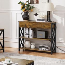Vintage wooden console table with power outlet sofa table, Rustic Brown 