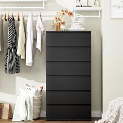 Black Dresser, 6 Drawer Dresser, Modern Tall Black Storage Chest of Drawers Wood Dressers with Metal Sliding Rail, Handleless Drawer Cabinet for Home 