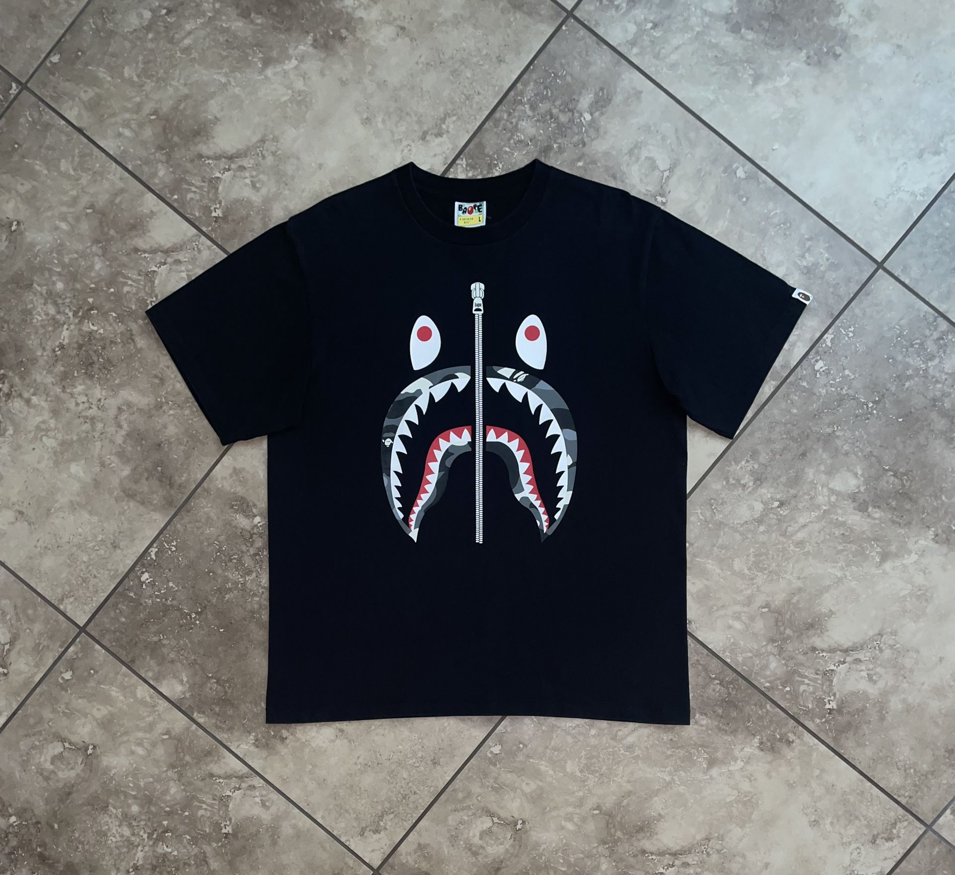 BAPE Grey Glow Camo Zip Shark Tee Black Size Large