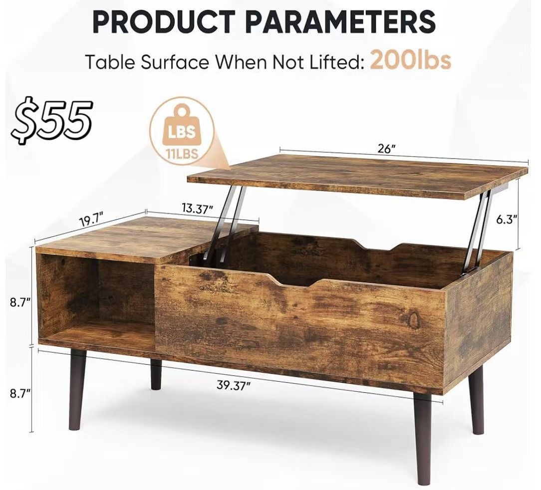 ✌️ Wood Lift Top Coffee Table w/Adjustable Storage Shelf & Hidden Compartment, Rising Farmhouse Tabletop Desk Living Room Table for Home Living Room