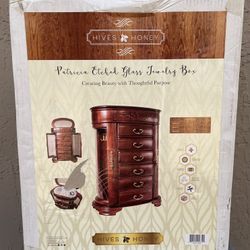 Hives and Honey Patricia Etched Glass Jewelry Box Mahogany 
