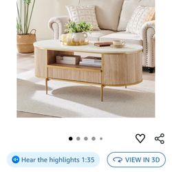 OKD Modern Luxury Fluted Coffee Table, 48" Oval Coffee Table with Drawer, Faux Marble Top, Curved Profile Design, Gold Met