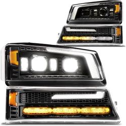LED Headlight Assembly Bumper Lamp Replacement For 2003-2006 Chevy Chevrolet Silverado Avalanche 1500 2500 3500 HD [DOT] DRL & Amber Sequential Turn S