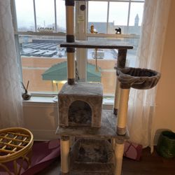 Frisco 66-in Gray Cat Tree with Bed, Condo, Lounge Basket & Top Perch
