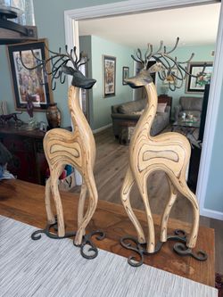 Pair of Decorative Wood and Metal Deer Figurines