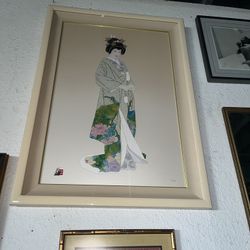 Hisashi Otsuka "Geisha" Japanese Kimono with Beautiful Frame Hand Signed