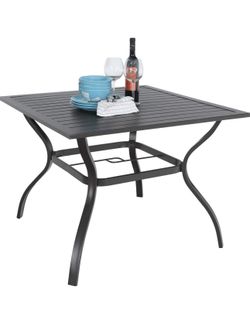 37" Patio Table for 4, Metal Outdoor Dining Table with E-Coating, Square Steel Slated Outdoor Table with 1.57" Umbrella Hole for Garden Backyard, Blac