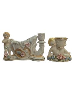 Vintage Cherub Capodimonte Candleholder & v6ase set