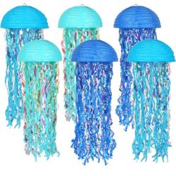 Jellyfish Paper Lanterns 6 Pack Gradient Blue Hanging Mermaid Wishes Lantern Ocean Theme Party Decor Under The Sea Birthday Decoration for Baby Shower