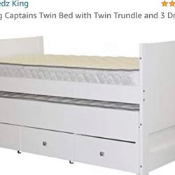 Bedz King Captains Twin Bed with Twin Trundle and 3 Drawers, White-  Cama   Blanca Tipo Litera Talla Twin- Con Cajones 