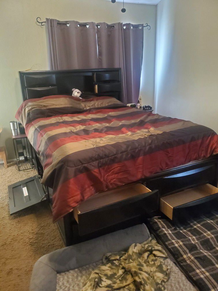 Queen bedframe with drawers and storage