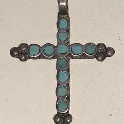 Vintage Southwest Old Pawn Zuni Sterling Cross Pendant With Turquoise Inlay (Dishta Style)