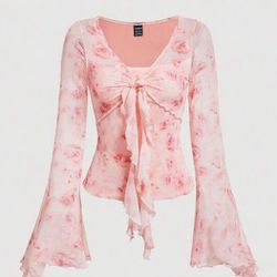 Women's Floral Print Bell Sleeve Tie Front Mesh Blouse *New*