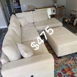 Beautiful! 3-pc Sectional Sofa With Storage Ottoman Ivory Corduroy 