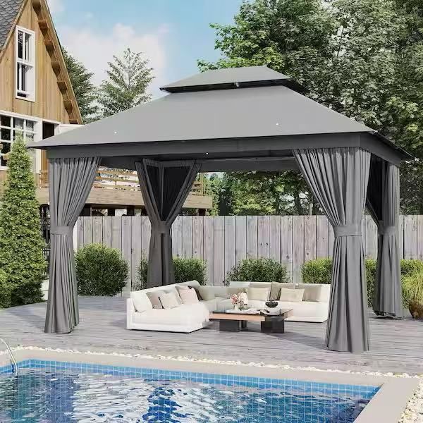 Grey Outdoor Gazebo for Patio 12 ft. x 10 ft. Metal Frame Canopy with Double Roofs, Heavy Duty Party Tent and Shelter