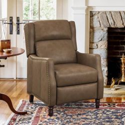 Grayish Brown Genuine Leather Nailhead Trim Recliner Armchair
