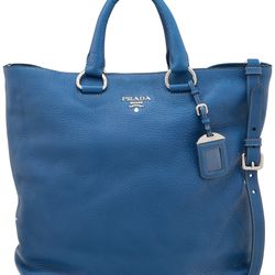 Prada Blue Leather Daino Tote with Silver Hardware