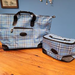 Avon Overnight Bag With Matching Bathroom Bag - Light Blue, Plaid, Black