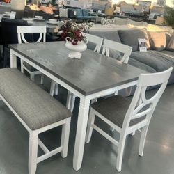 ✅️✅️(6 pc white & grey finish wood dining table set grey padded seat chairs and bench✅️✅️✅️