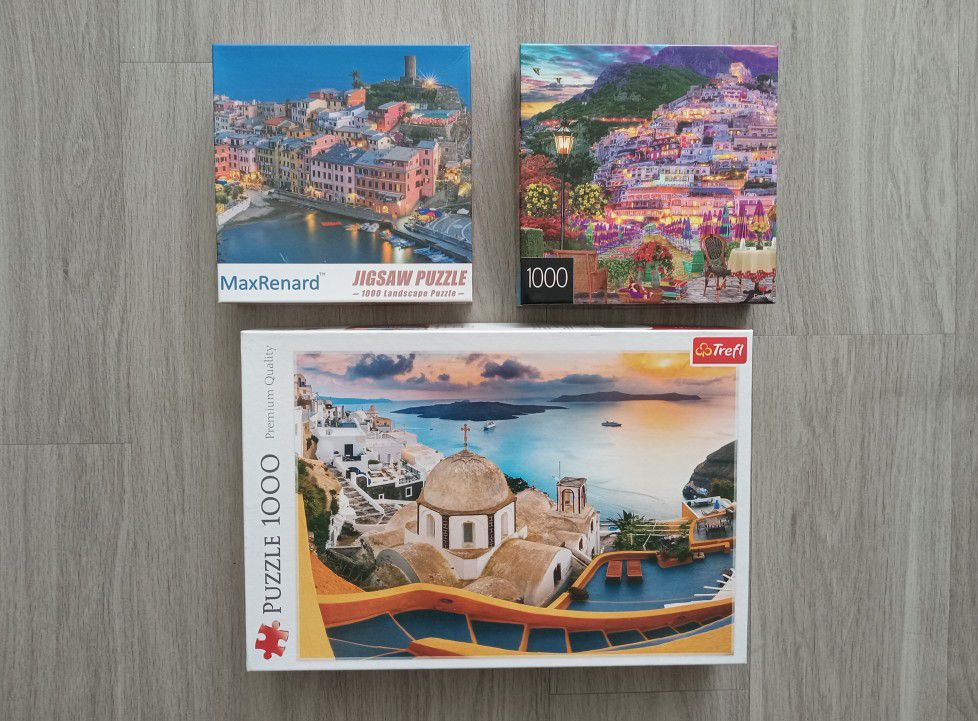 three 1000 piece puzzles, sea villages, landscape 