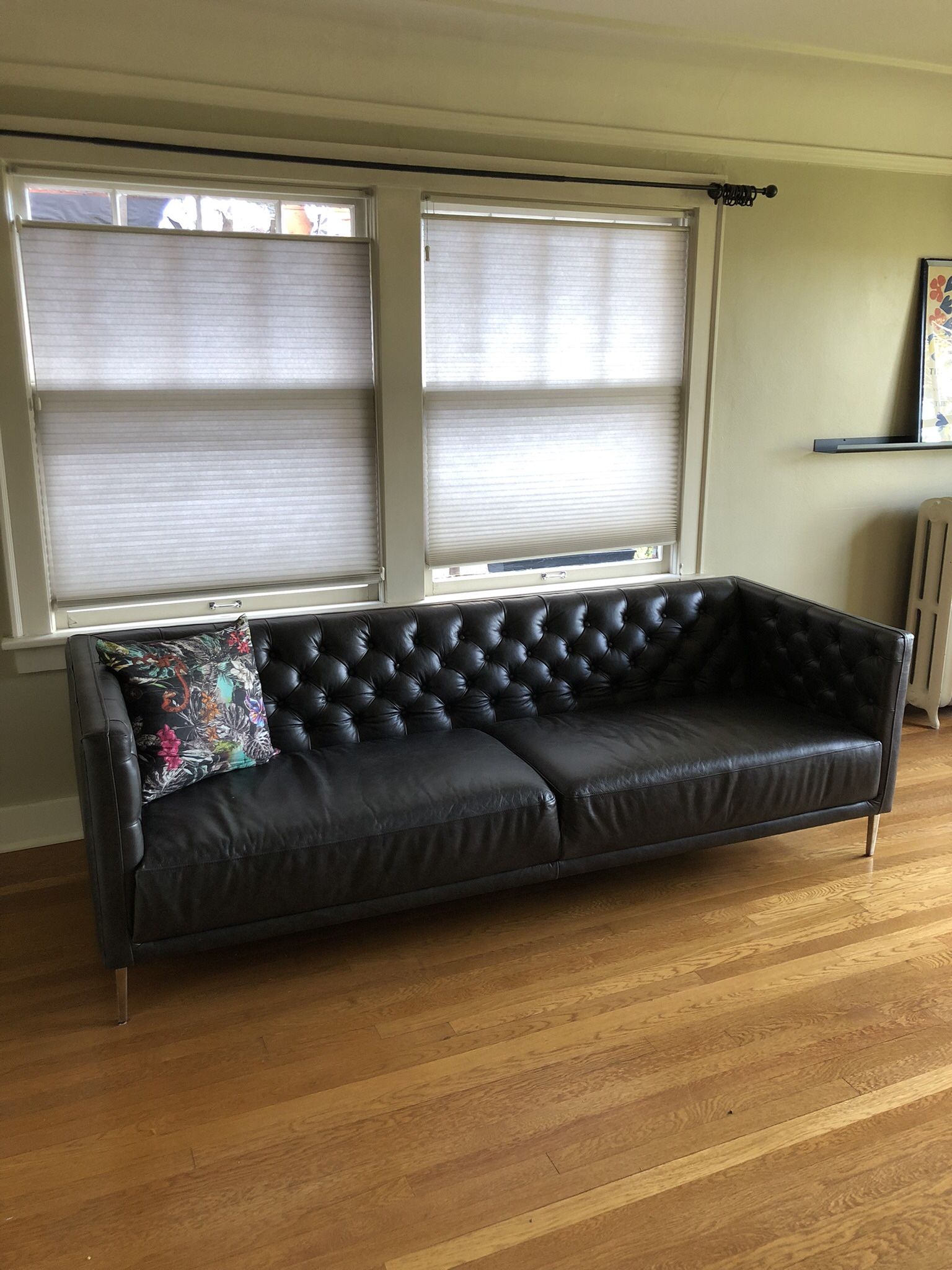 CB2 Saville Tufted Black Leather Sofa
