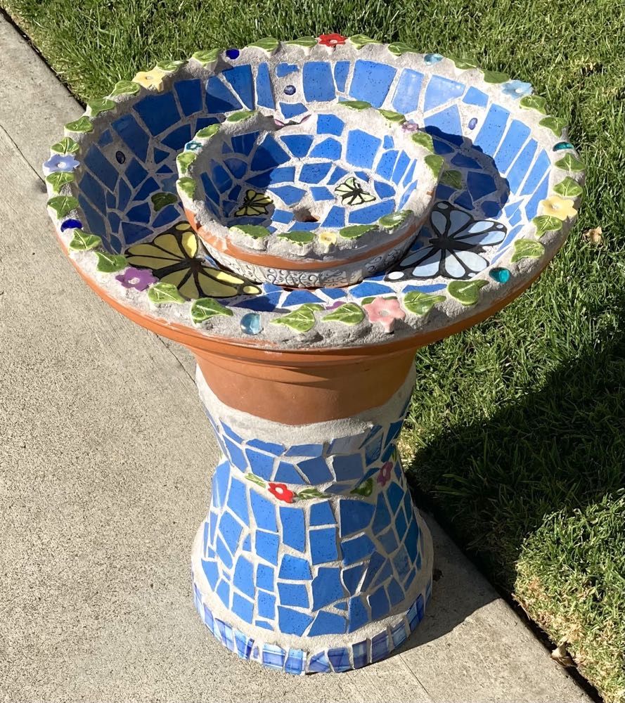 BIRDBATH Garden Bird Bath Mosaic Tile BUTTERFLY Theme HAND MADE