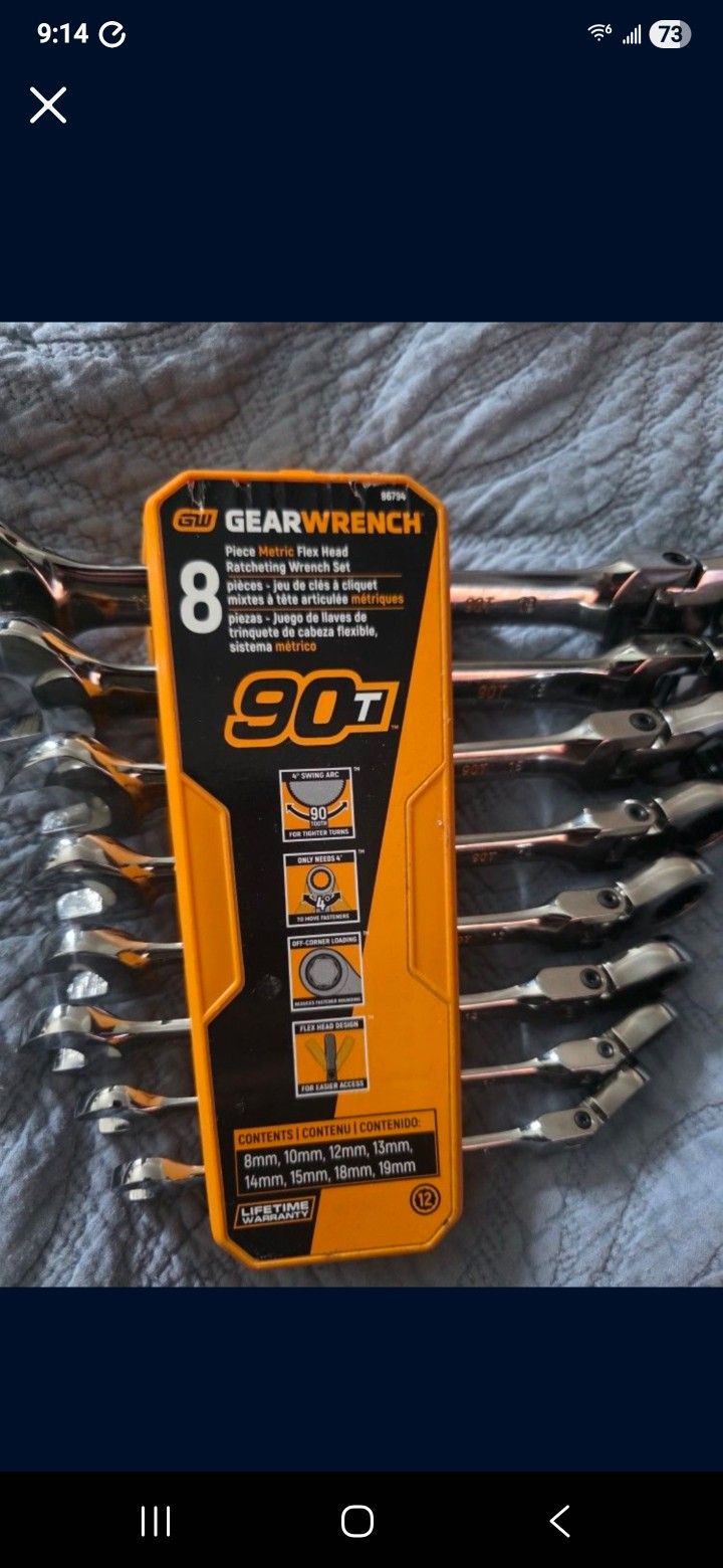 Gearwrench Metric 90-Tooth Flex Head Combination Ratcheting Wrench Tool Set with Tray. 8-Piece
