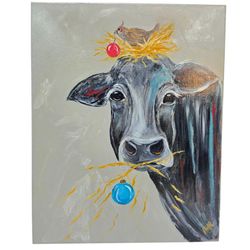 Signed Original Acrylic Painting on Canvas Cow Bird Christmas 16x20
