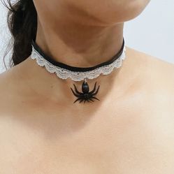 Black choker with white lace dangling, black spider costume, jewelry Halloween, which costume Gothic spooky for women