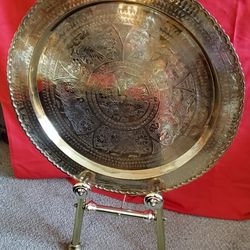 Antique Asian Round Engraved and Embossed Scalloped Edge Brass Birds and Flowers Themed 24" Serving Tray.