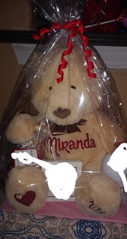 Personalized Valentine's bear with a bottle of chocolates