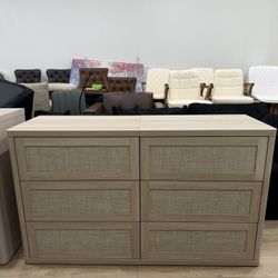 segmented Dresser for Bedroom - 54" Wide 6 Drawer Dresser Rattan Dressers & Chests of Drawers Boho Drawers for Bedroom Bedside Table Clothes Large Clo