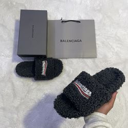 Grey Balenciaga Fur Slides