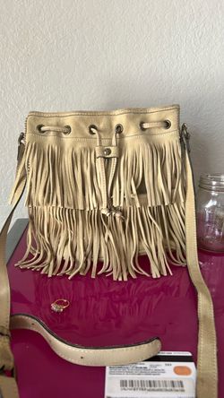 Patricia Nash Cream Suede Fringe Bucket Crossbody Bag