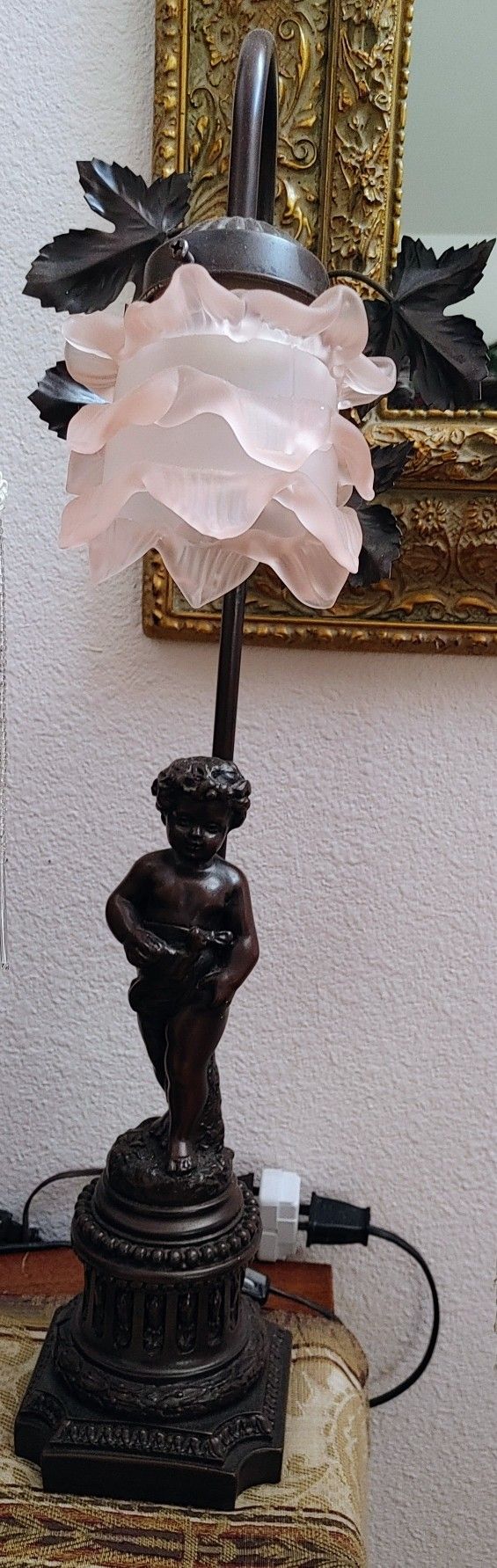 Vintage Art Nouveau Cherub Lamp With Floral Glass Shade