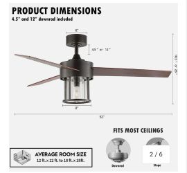 WINGBO 52” Ceiling Fan with Light and Remote, Glass Shade,3 Blades