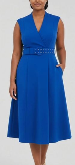 NEW Calvin Klein Blue Sleeveless Belted Midi Dress