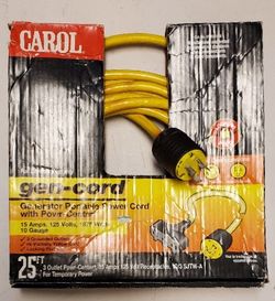 Brand new Gen cord Generator Cord, 25', 10 Gauge, 15 Amp,125 volts, 1,875 Watts, 3 outlets, locking plug, made in USA