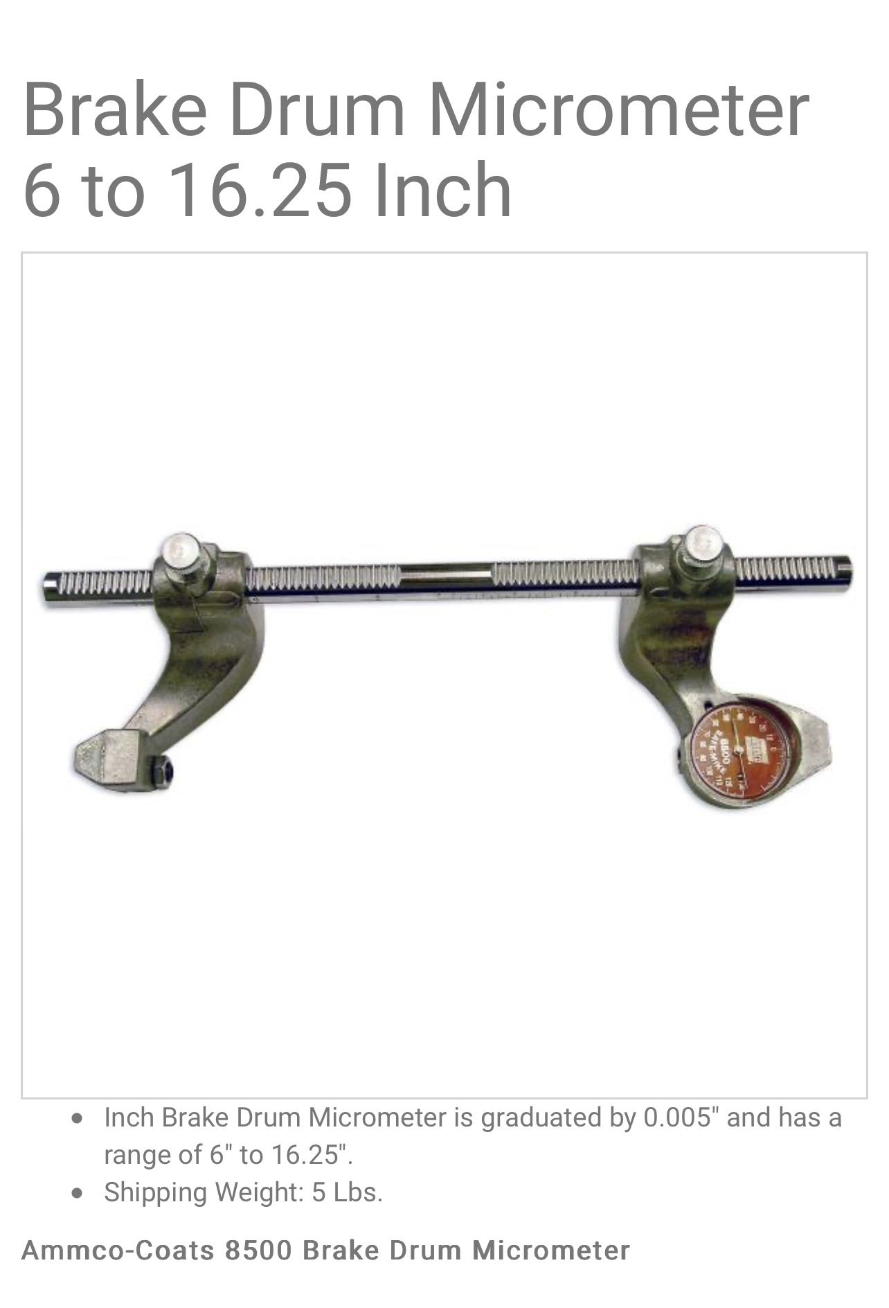 Brake Drum Micrometer 6 To 16.25 Inch