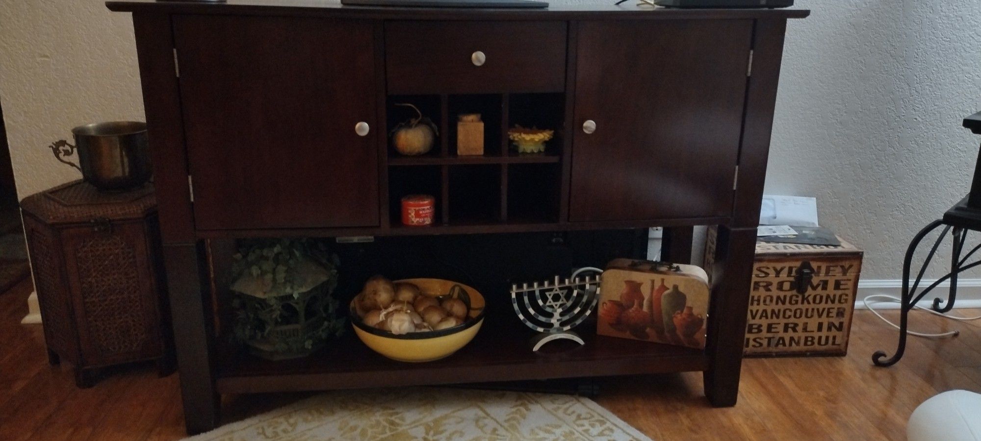 Dark Solid Wood TV Table/Sideboard With Compartments