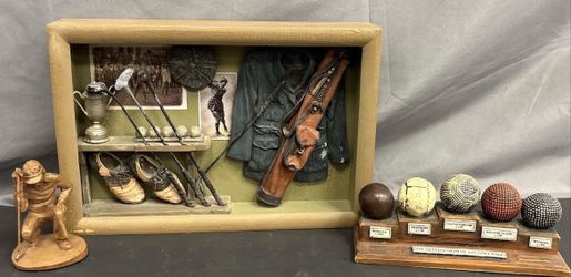 Vintage Style Golf Decor Lot – K&K Shadow Box Golfer Figurine History of Golf Balls