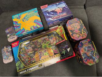 Mega Evolution Ascended Heroes ETB, Mega Evolution Chaos Rising ETB, 2 Mega Charizard X and Y ex tins, MEGA ZYGARDE EX PREMIUM COLLECTION BOX SET and 