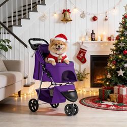 3 Wheels Pet Dog Cat Stroller for Small Medium Dogs Cats, Lightweight Foldable Jogger Stroller w/Storage Basket and Cup Holder, Purple